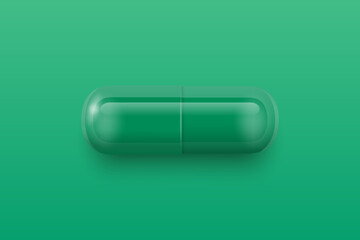 Vector 3d Realistic Green and White Pharmaceutical Medical Pill, Capsule, Tablet on Green Background. Front View. Copy Space. Medicine, Male Health Concept
