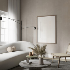 Mock up poster frame in living room interior , 3D rendering