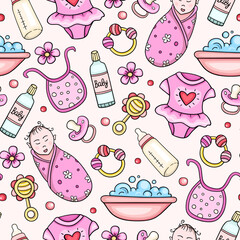 Cute seamless pattern with baby girl and pink accessory.