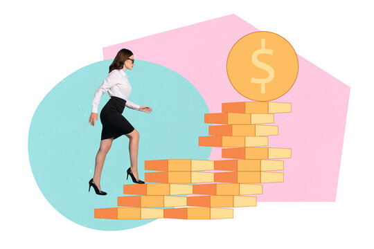 Creative photo collage finance concept business lady walk climbing upstairs rising success become rich get nft token isolated over painted background