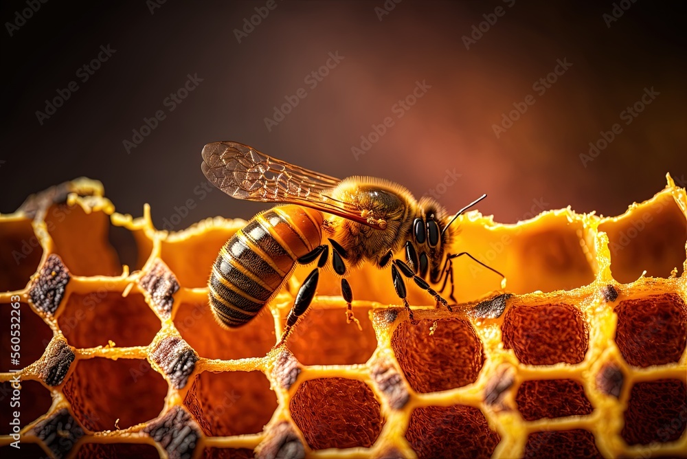 Poster a close-up of a honeycomb macrophotographed with copyspace next to it to depict a colony of bees. ho