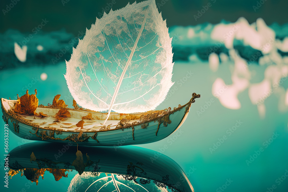 Sticker a macro of a white translucent leaf on a mirror surface with a turquoise background. A ship in a lake is depicted artistically. dreamy scene with nature and space. Generative AI