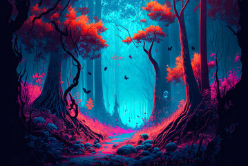 Fototapeta na wymiar Fantasy setting, forest, orange trees. Generative AI