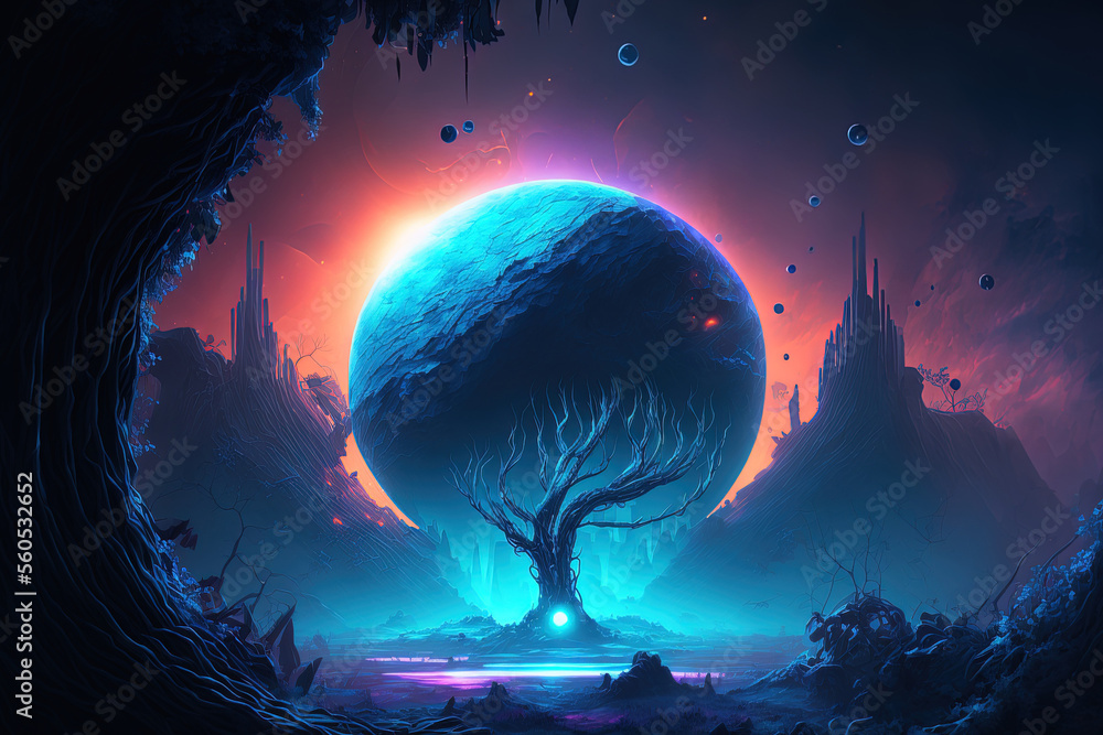 Wall mural Planet Alien. Illustration of a futuristic fantasy environment with a planet, neon lights, and a cold planet. Very useful for your creative endeavors. Generative AI