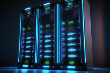 Server racks with blue backlighting. Generative AI