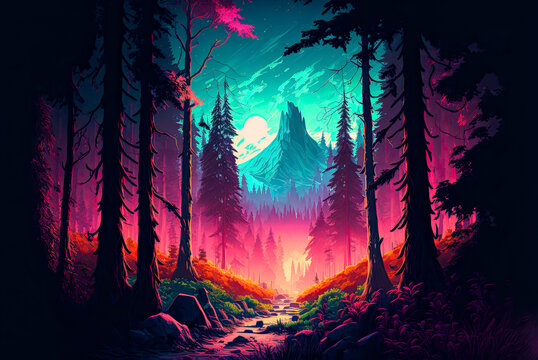 Fantasy landscape, forest, mountain, moon. Generative AI