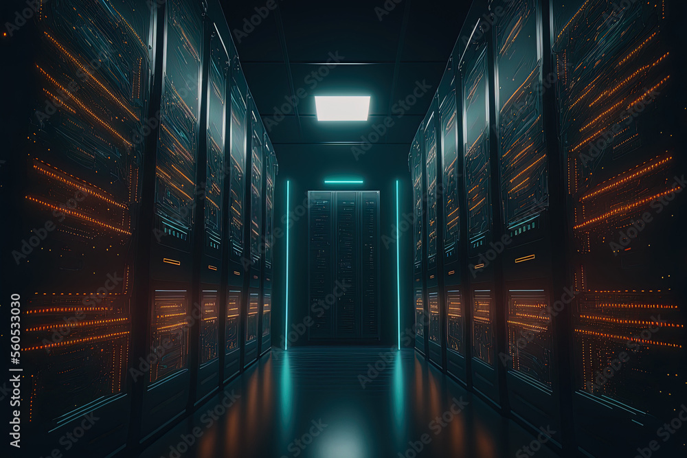 Poster image of a running data center with server rack rows. computers are running and led lights are blink