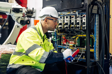 Technician engineer holding robot controller checking and repairing automatic robotic machine at...