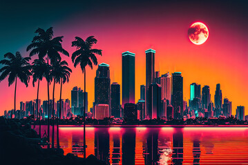 Miami Florida cityscape, skyline, palm trees, reflection, neon, fantasy. Generative AI