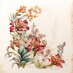  a painting of flowers and leaves on a white background with a brown border around it and a white background with a brown border around the edges and a white border with a red border at.