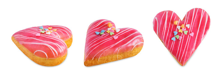 Pink donut in the form of heart on a white isolated background