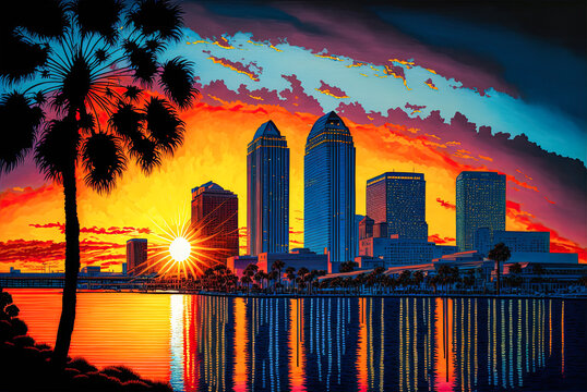 Tampa Florida cityscape, skyline, palm trees, reflection. Generative AI