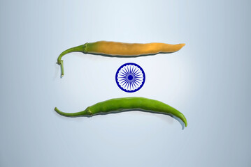 Creative concept of Indian tricolor flag created using Green chilly and Orange chilly. Republic day...