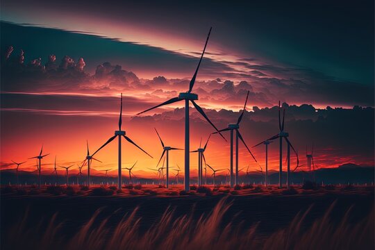  a sunset with a bunch of windmills in the foreground and a few clouds in the background with a red sky in the background with a few clouds and a few dark blue and orange.