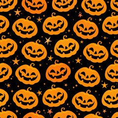 Seamless pattern of orange smiling Halloween pumpkins