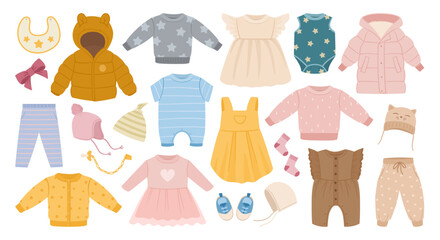 Cartoon kids clothes. Baby boys and girls casual garments, cute little pants, jumpsuits and dresses flat vector illustration collection. Childrens clothing set