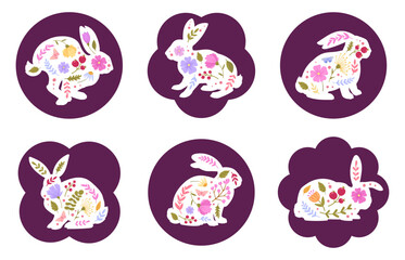 Cartoon easter bunny silhouettes. Spring holiday cute rabbits with spring flowers, decorated hare easter flat vector illustration set on white background