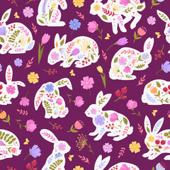 Cartoon Easter rabbits patterns. Floral decorative cute bunny flat seamless vector background illustration. Rabbits pattern endless design