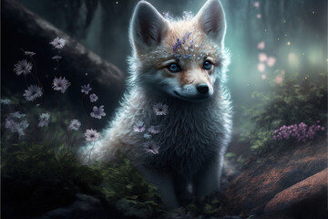 Cute little wolf pup in a magical fantasy forest, Generative AI