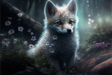 Fototapeta premium Cute little wolf pup in a magical fantasy forest, Generative AI