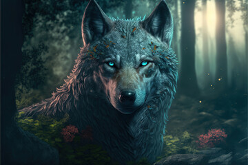 A beautiful illustration of a wolf looking directly at the camera in a fantasy forest, Generative AI