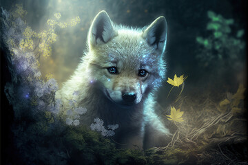 Adorable little wolf pup in a magical fantasy forest with flowers, Generative AI