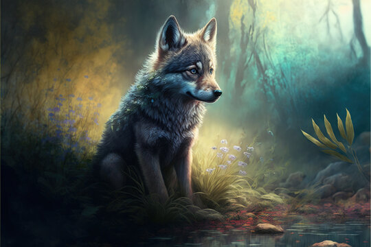 Cute little wolf pup sitting by the lake in a magical fantasy forest, Generative AI