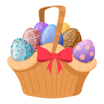 Cartoon easter wicker basket. Painted easter eggs in hamper handle basket, spring holiday celebration basket flat vector illustration on white background