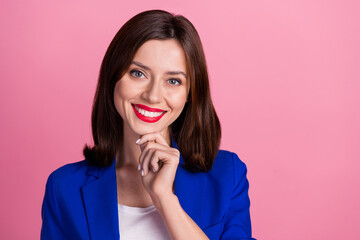 Closeup portrait of cute cheerful smiling red lips pomade business woman entrepreneur touch chin enjoy her work isolated on pink color background