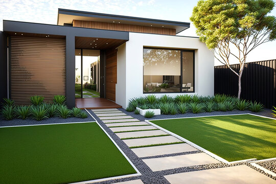 A contemporary Australian home or residential building's front yard features artificial grass lawn turf with timber edging. Generative AI