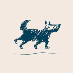 Children's New Year illustration. The dog is skating in winter. Cute cartoon.
