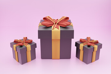 3d rendered Merry New Year and Merry Christmas 2023 black gift 3 different size boxes with red bows and gold sequins confetti on light purple shade background