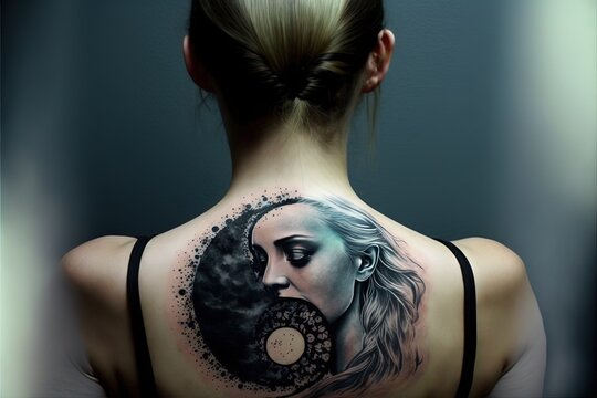  a woman with a tattoo on her back is looking at the moon and a woman's face on her back shoulder and neck is covered with a circular design on her neck and shoulder. Generated AI