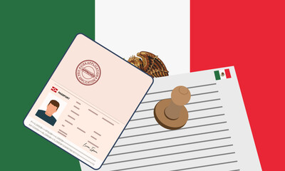 Mexico visa, open stamped passport with visa approved document for border crossing. Immigration visa concept. Background with Mexico flag. vector illustration