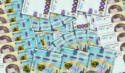 Ukrainian Hryvnia 1000 banknotes in a fan mosaic pattern 3d illustration