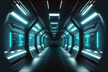Spaceship hallway. inside view of a futuristic tunnel with lighting. Future context, business, science fiction, or other idea. Generative AI