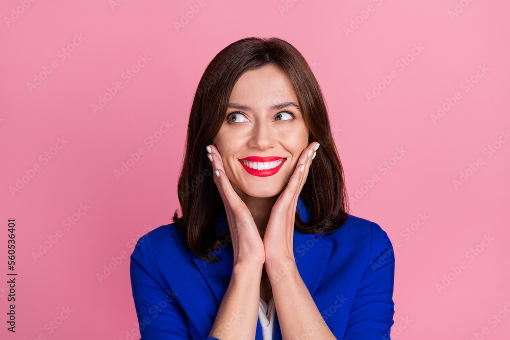 Canvas Prints Photo of pretty cute lady wear blue bright costume toothy smile look empty space sale beauty procedure isolated on pink color background