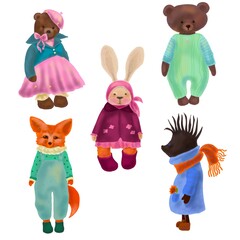 set of funny animals. set of cute animals in vintage clothes. bear, fox, hare, hedgehog
