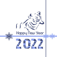 New 2022 year of the blue tiger. New Year card with a stylized image of a tiger according to the Eastern calendar
