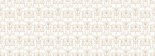 Medieval linear seamless pattern with lions and palm trees vector illustration