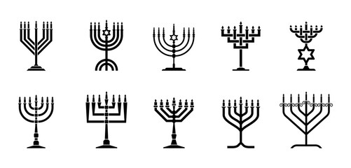 Collection silhouette style Hebrew big menorah with seven branched vector illustration