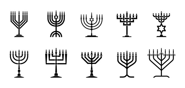 Collection silhouette style Hebrew big menorah with seven branched vector illustration