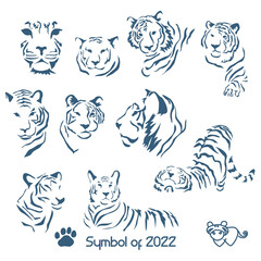 New 2022 year of the blue tiger. New Year card with a stylized image of a tiger according to the Eastern calendar