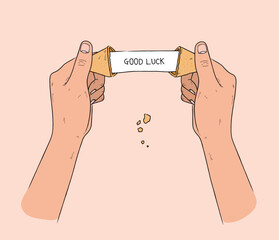 Cracked fortune telling cookies in hands. Man holding fortune cookie with message slip. Good day forecasting. Simple line drawing. Flat design. Trendy vector illustration. Hand drawn style.