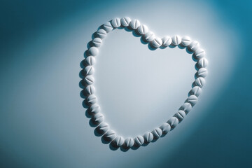 Obraz premium Heart shape of white pills on light white background in blue hard light with shadow, top view