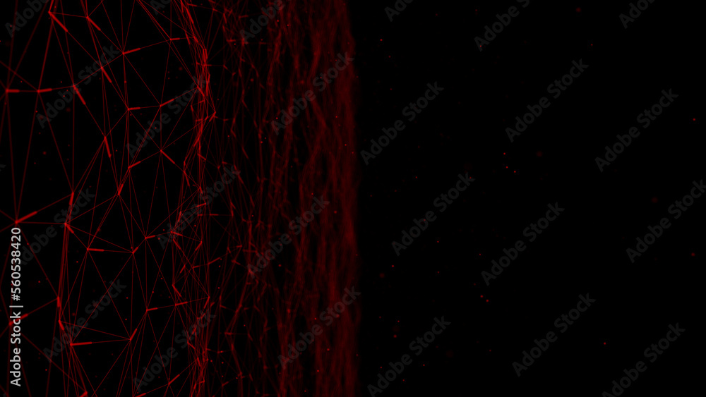 Poster Futuristic wave with lines and dots. Abstract background with a dynamic wave. Particle placement with hanging dots in space. Large data background. 3d rendering.