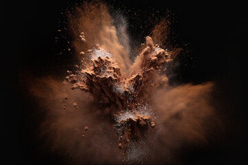 Brown powder explodes on a dark background. Generative AI