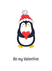 Card Happy Valentine's Day. Vector illustration with cute penguins and heart.