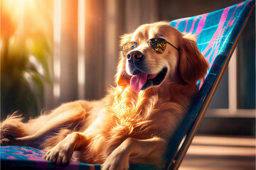 Golden retriever in sunglasses resting in a sun lounger. AI generated