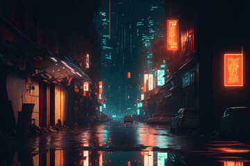 Cyberpunk inspired photorealistic artwork of a futuristic city. neon lit street that is deserted. Stunning nighttime cityscape. urban environment in grunge. Generative AI